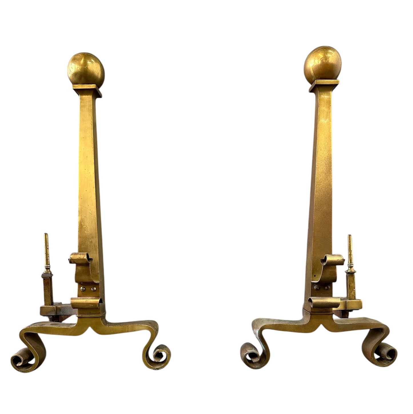 Set of Grand Antique Brass Columnar Andirons with Cannonball Finial