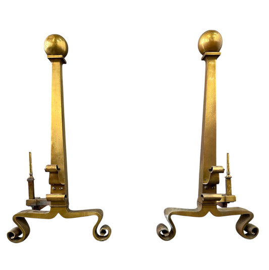 Set of Grand Antique Brass Columnar Andirons with Cannonball Finial