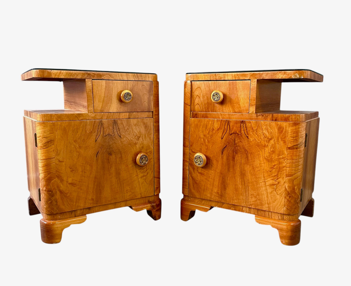 SOLD – Art Deco Sculptural Nightstands With Bookmatched Burl Veneer