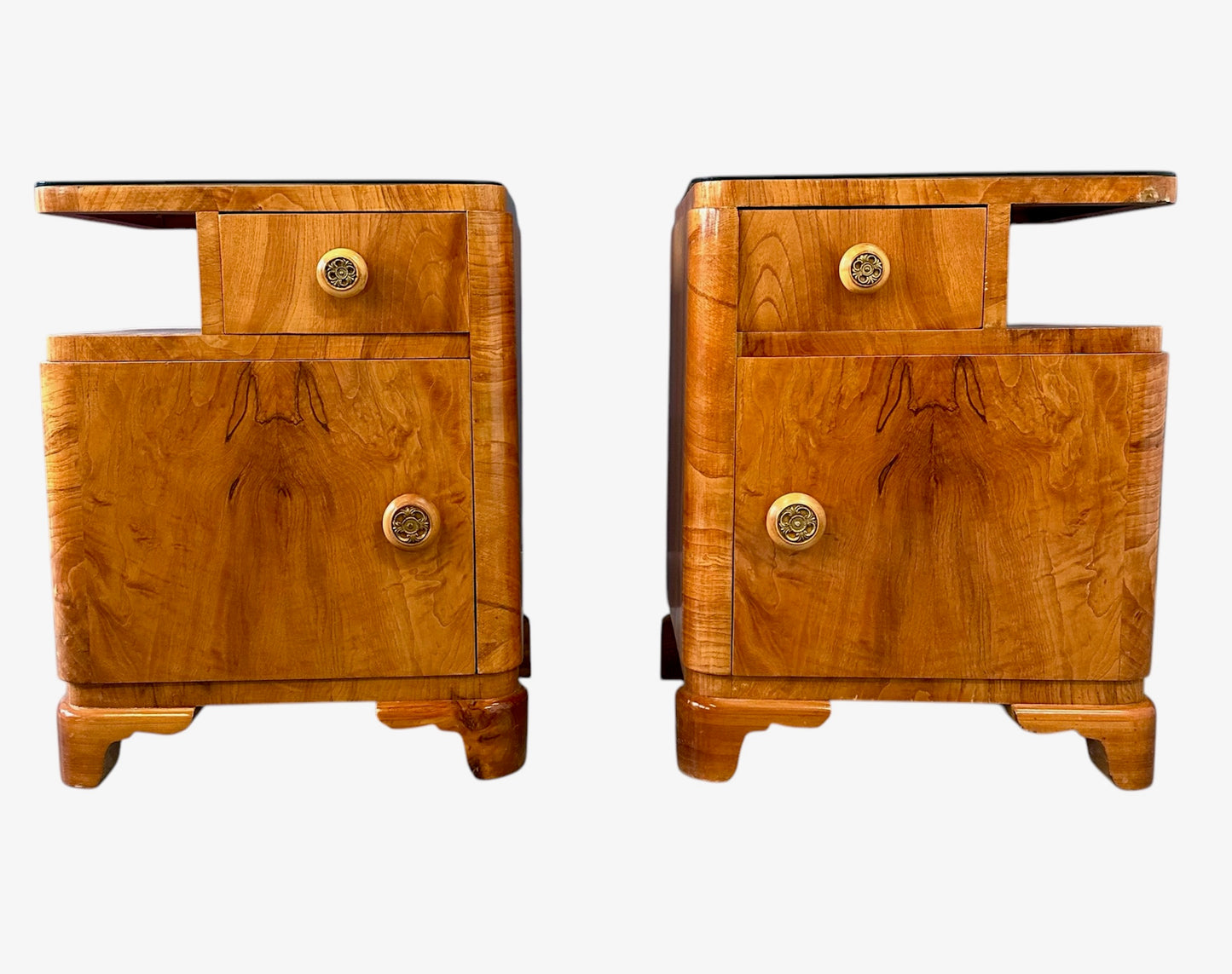 SOLD – Art Deco Sculptural Nightstands With Bookmatched Burl Veneer