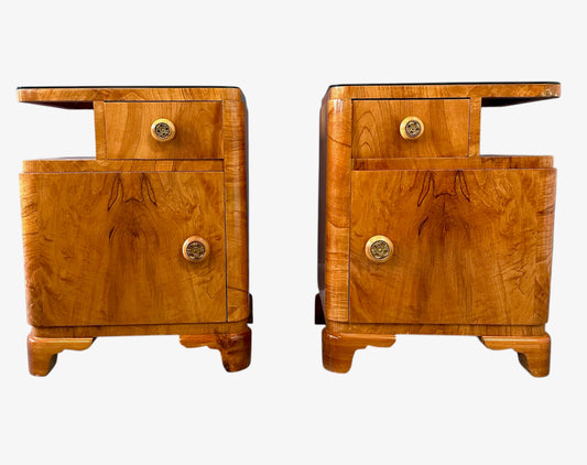 SOLD – Art Deco Sculptural Nightstands With Bookmatched Burl Veneer