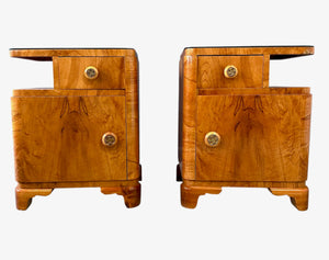 Art Deco Sculptural Nightstands With Bookmatched Burl Veneer