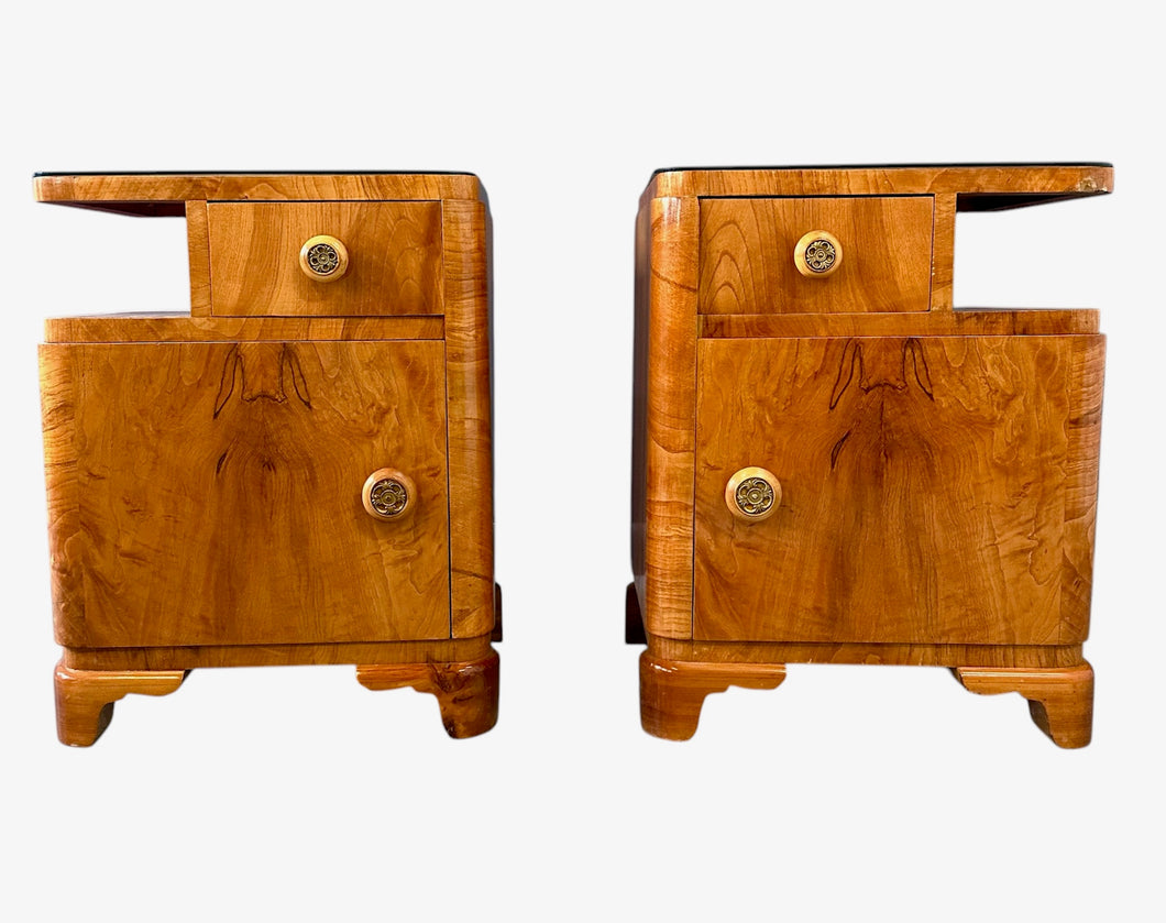 Art Deco Sculptural Nightstands With Bookmatched Burl Veneer