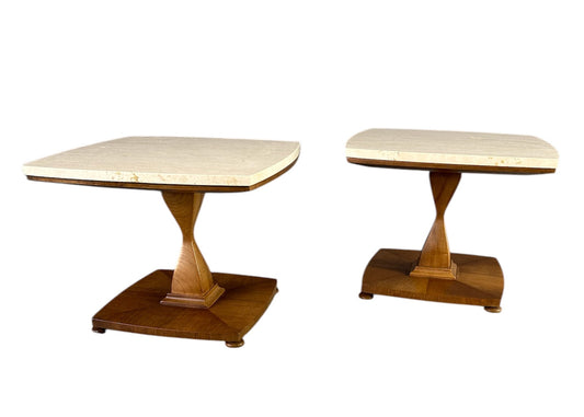 SOLD – Mid Century Drexel Travertine and Walnut Side Tables