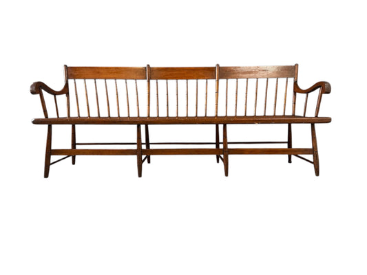 SOLD – Antique Pine Rustic Spindle Back Long Deacon's Bench