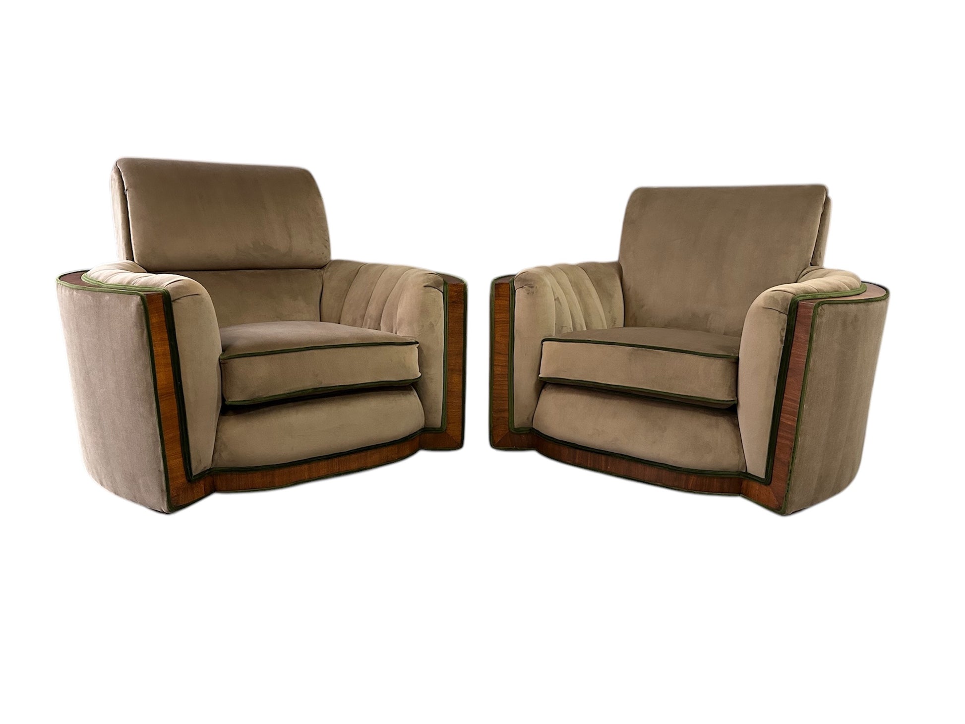 Pair of Art Deco Tank Lounge Chairs in Mocha Velvet with Green Trim and Curved Wood Accents