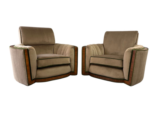 Pair of Art Deco Tank Lounge Chairs in Mocha Velvet with Green Trim and Curved Wood Accents