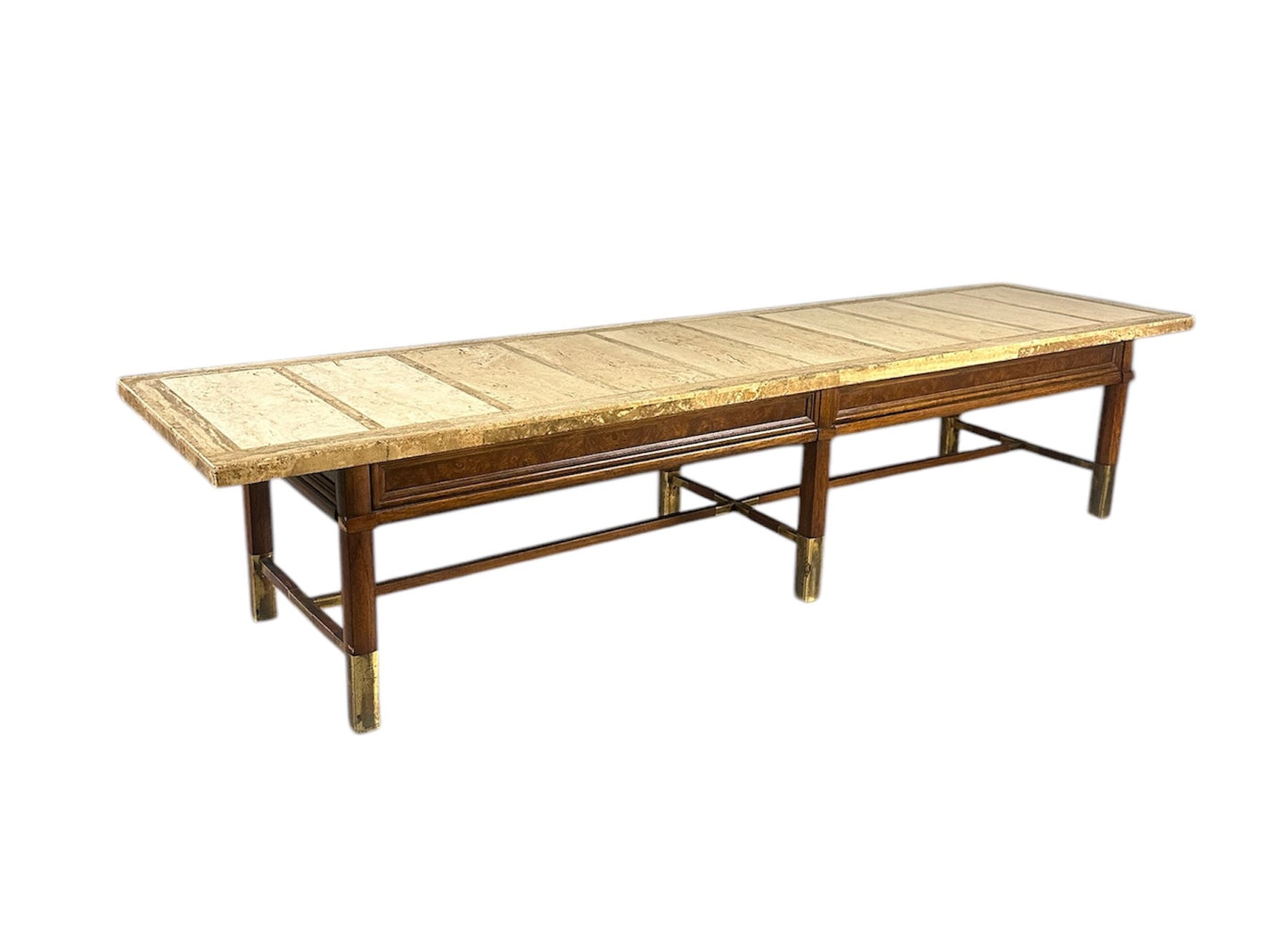 Mid Century Coffee Table with Travertine Top, Burl Wood Frame, and Brass Accents