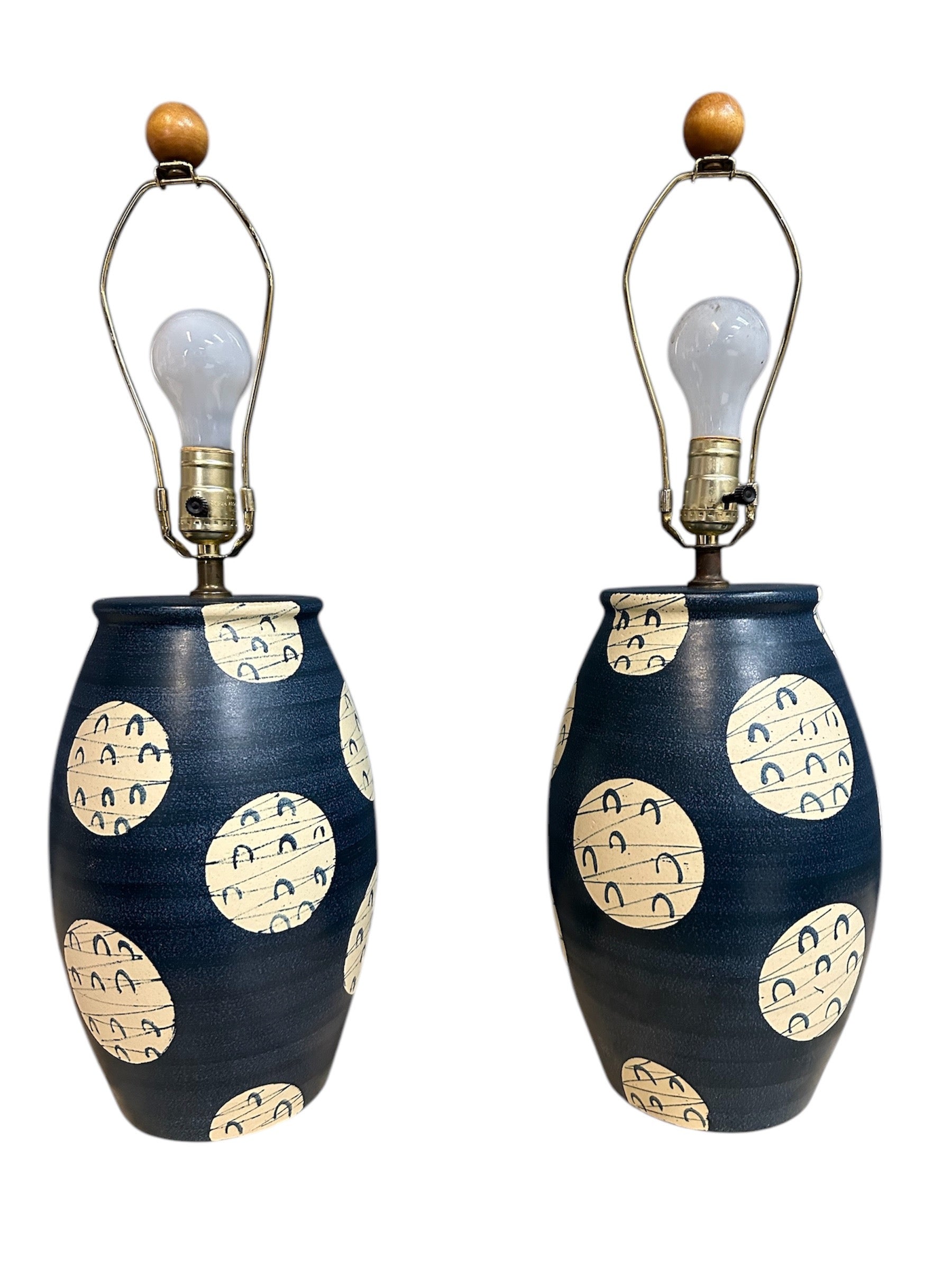 Mid Century Pair of Japanese-Inspired Art Pottery Table Lamps – Navy and Cream Ceramic Lamps with Modern Pattern