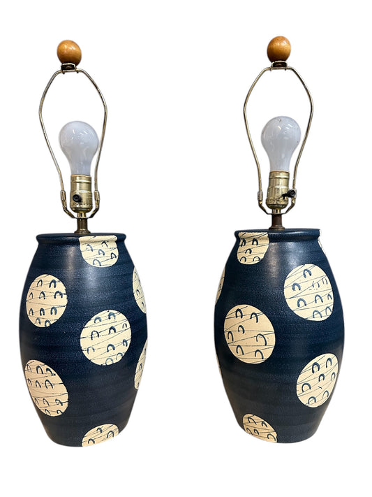Mid Century Pair of Japanese-Inspired Art Pottery Table Lamps – Navy and Cream Ceramic Lamps with Modern Pattern
