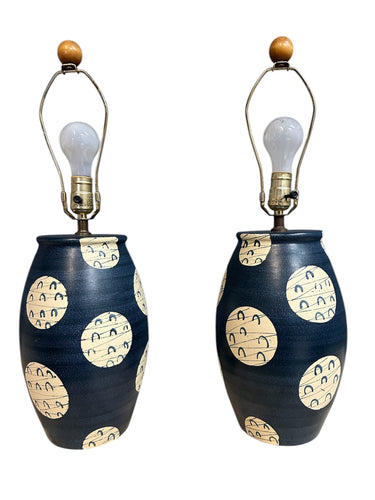 Mid Century Pair of Japanese-Inspired Art Pottery Table Lamps – Navy and Cream Ceramic Lamps with Modern Pattern