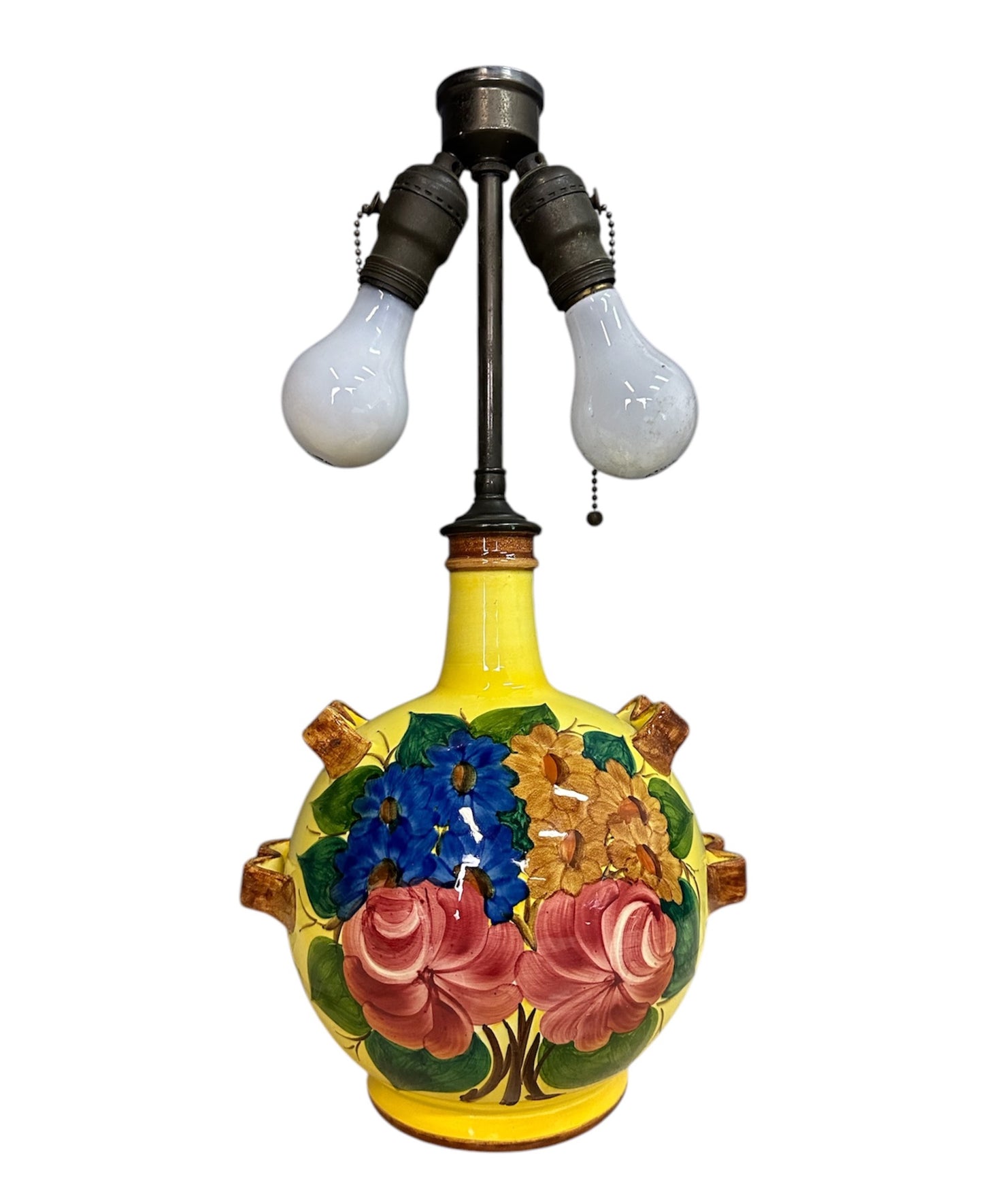 Cantagalli Renaissance Revival Majolica Table Lamp – Hand-Painted Yellow Ceramic Base with Vibrant Floral Design