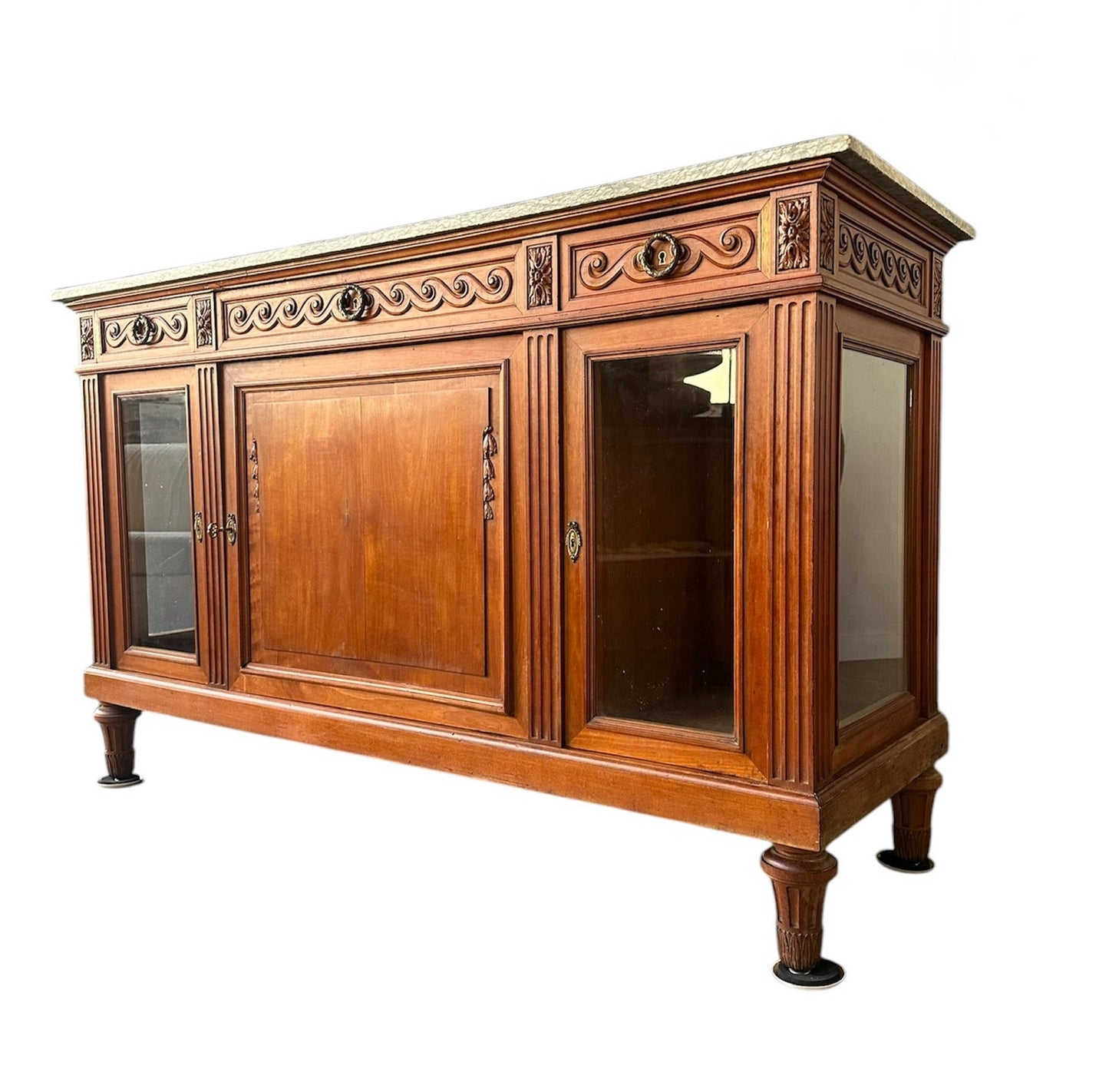 Antique French Directoire Style Mahogany Sideboard with Marble Top – Glass Door Buffet Cabinet with Carved Details