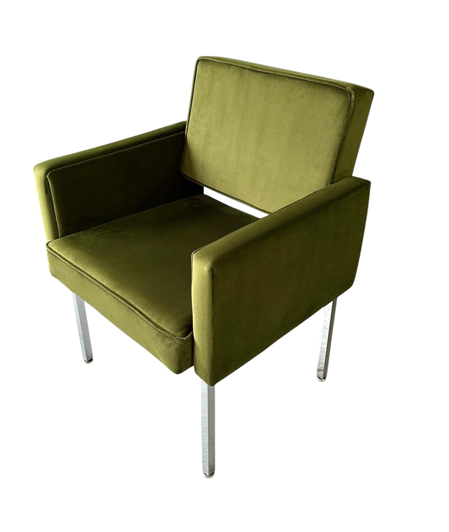 Mid Century Modern Green Velvet Armchair with Chrome Legs – Knoll Style Upholstered Lounge Chair