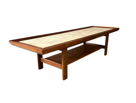 Mid Century Widdicomb Coffee Table by Dale Ford – Travertine Top with Walnut Frame and Lower Shelf