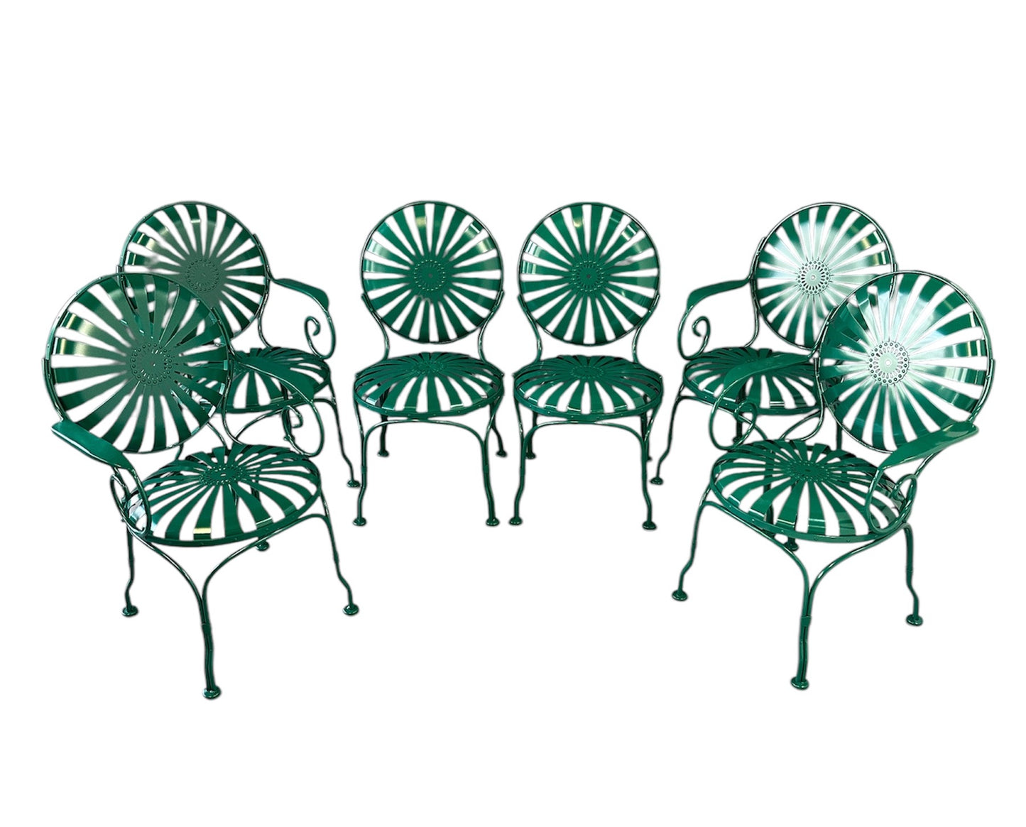 SOLD – Set of Six 1940s Iron & Steel Garden Patio Bistro Cafe Chairs by Francois Carré