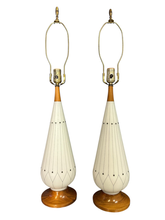 SOLD – Mid-Century Danish Modern Glass & Walnut Table Lamps with a Geometric Design - Set of 2