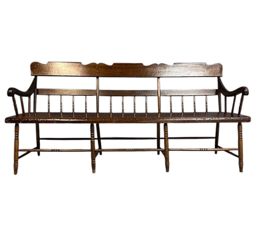 SOLD – Antique Dark Pine Rustic Spindle Back Deacon's Bench