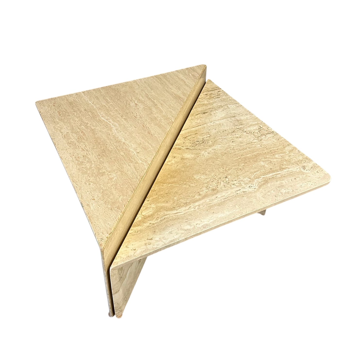 Vintage Italian postmodern travertine marble cocktail table – two-piece modular coffee table with geometric design, perfect for luxury modern interiors