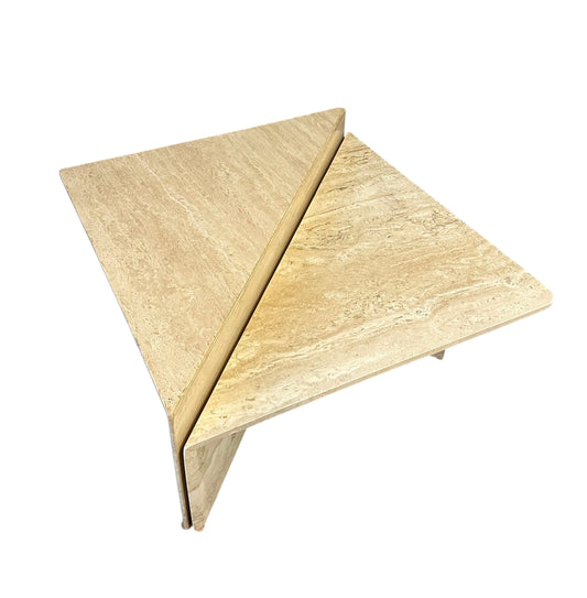 Vintage Italian postmodern travertine marble cocktail table – two-piece modular coffee table with geometric design, perfect for luxury modern interiors