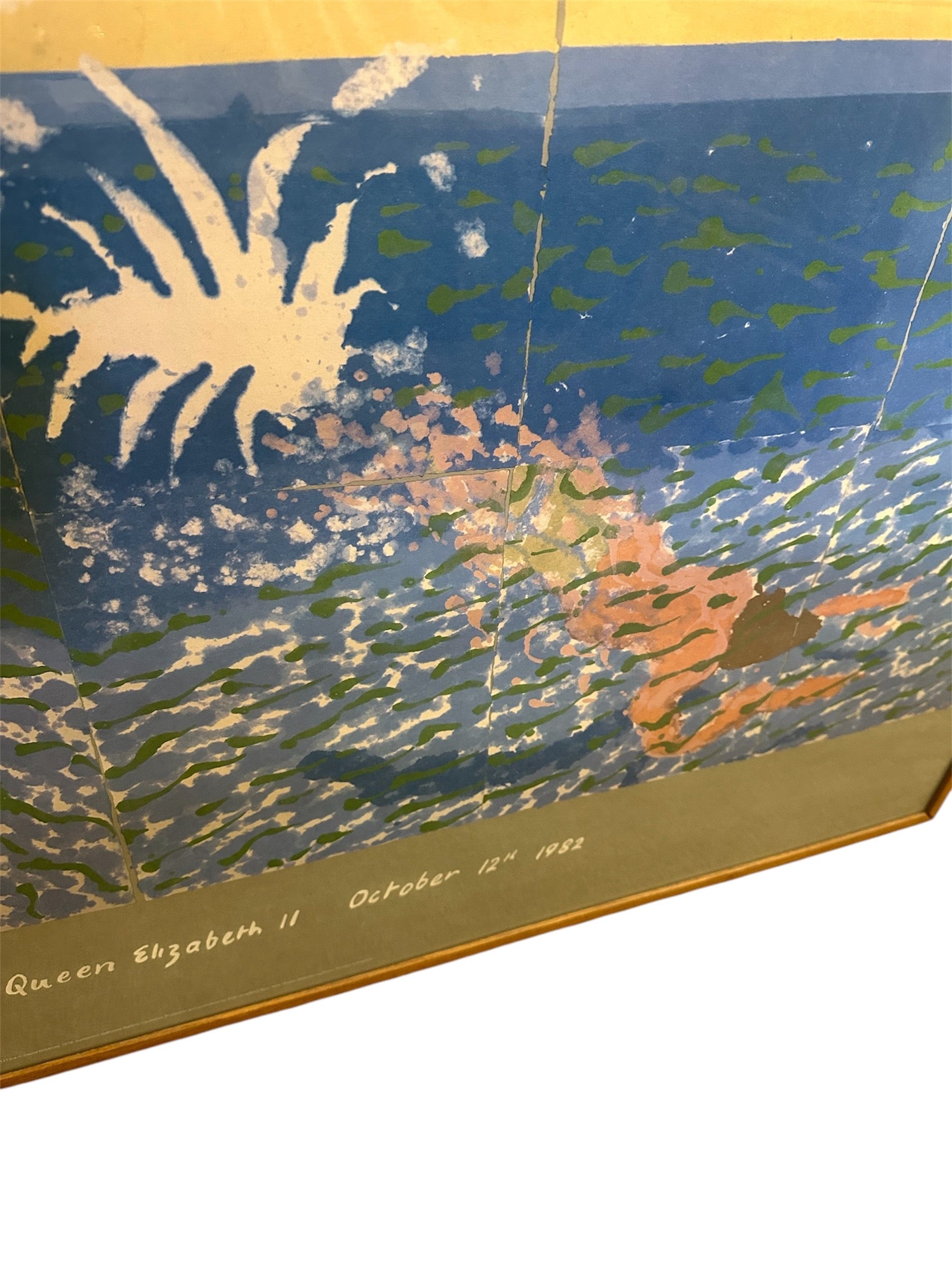 David Hockney lithograph titled 'A Diver' from the 'Paper Pools' series, featuring a swimmer diving into a pool, with inscription noting opening by Her Majesty Queen Elizabeth II on October 12th, 1982.