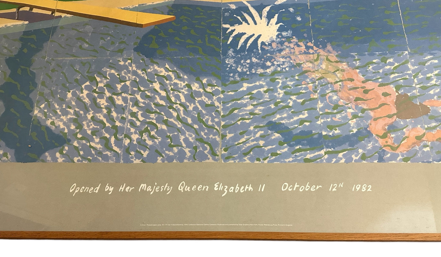 David Hockney lithograph titled 'A Diver' from the 'Paper Pools' series, featuring a swimmer diving into a pool, with inscription noting opening by Her Majesty Queen Elizabeth II on October 12th, 1982.