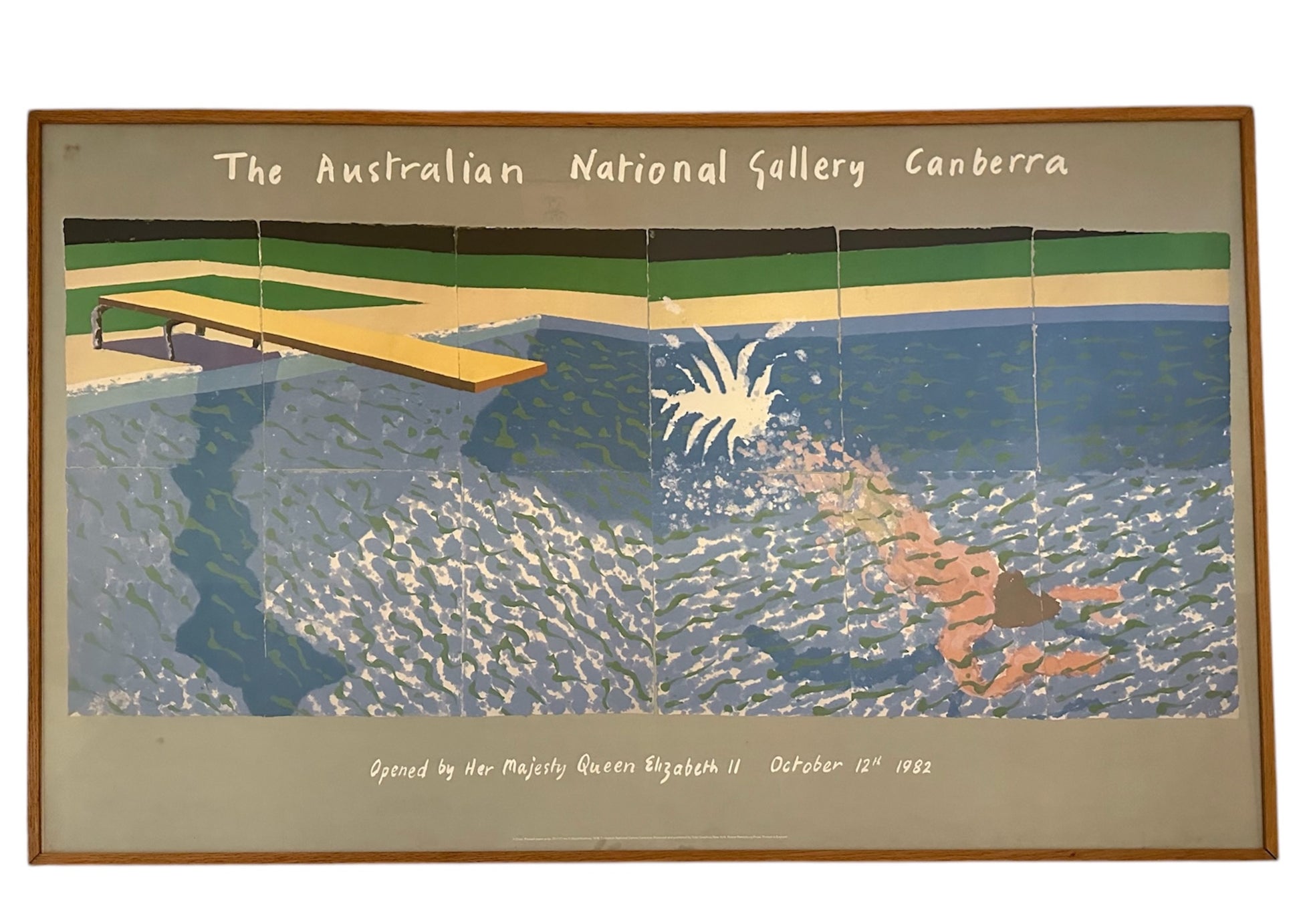 David Hockney lithograph titled 'A Diver' from the 'Paper Pools' series, featuring a swimmer diving into a pool, with inscription noting opening by Her Majesty Queen Elizabeth II on October 12th, 1982.