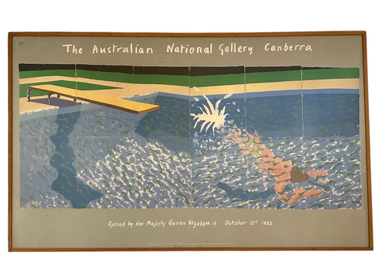 David Hockney lithograph titled 'A Diver' from the 'Paper Pools' series, featuring a swimmer diving into a pool, with inscription noting opening by Her Majesty Queen Elizabeth II on October 12th, 1982.