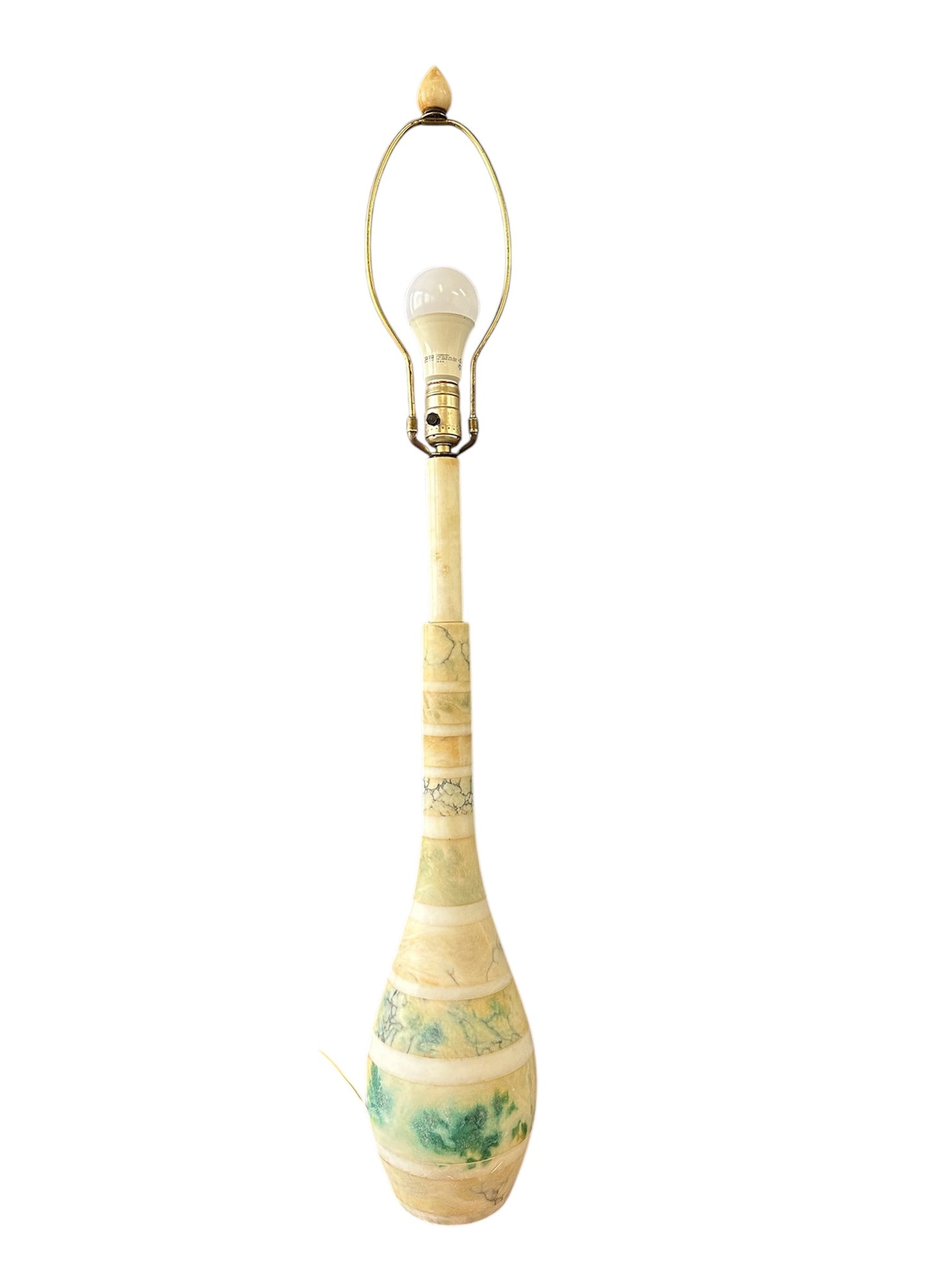 Mid-century Italian tall table lamp featuring a stacked marble design in blue, green, and beige tones, with a slender neck 