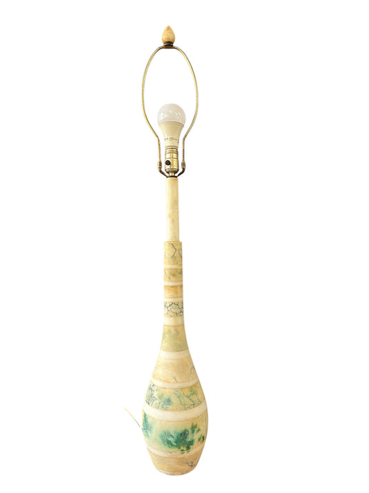 Mid-century Italian tall table lamp featuring a stacked marble design in blue, green, and beige tones, with a slender neck 