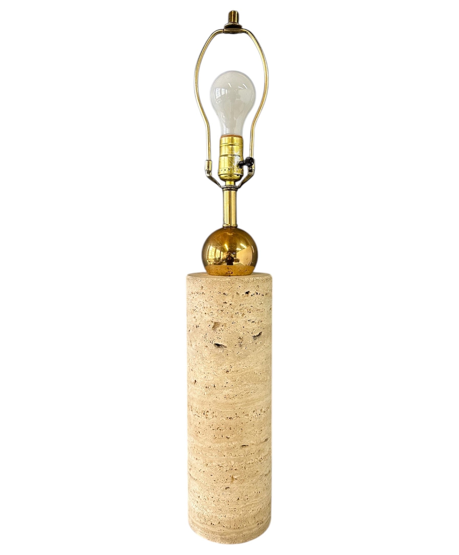 1960s Italian Travertine and Brass Table Lamp – Mid-Century Modern Cylindrical Design, Vintage Sculptural Lighting, Elegant MCM Accent Lamp