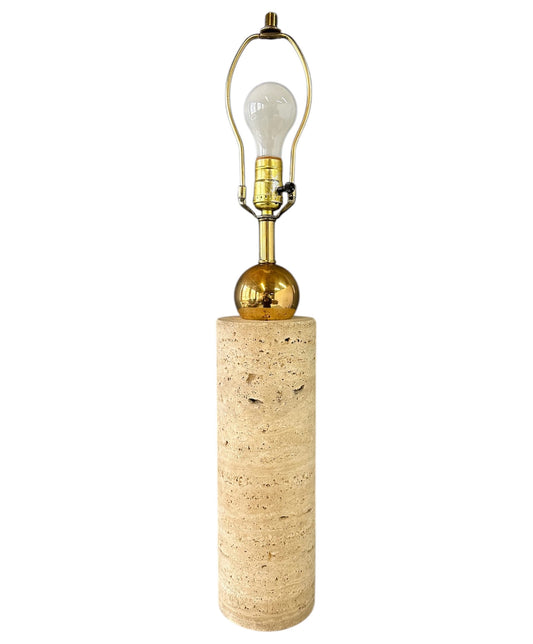 1960s Italian Travertine and Brass Table Lamp – Mid-Century Modern Cylindrical Design, Vintage Sculptural Lighting, Elegant MCM Accent Lamp