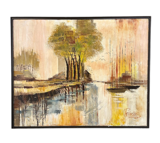 1970s landscape painting by Lee Reynolds featuring abstractly rendered trees, boats with tall masts, water reflections, and distant buildings in warm tones of yellow, orange, and brown
