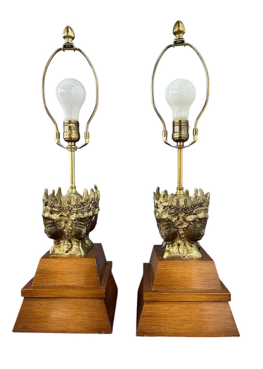 Pair of Marbro Asian influenced Brass and Mahogany Table Lamps Mid Century