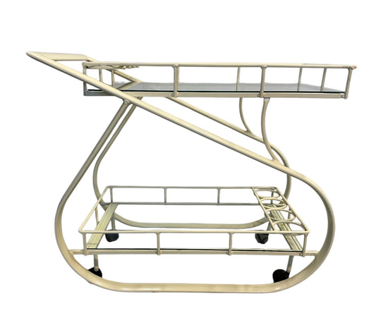 Vintage 1980s postmodern two-tier bar cart with curvy metal frame and glass shelves, attributed to Woodard