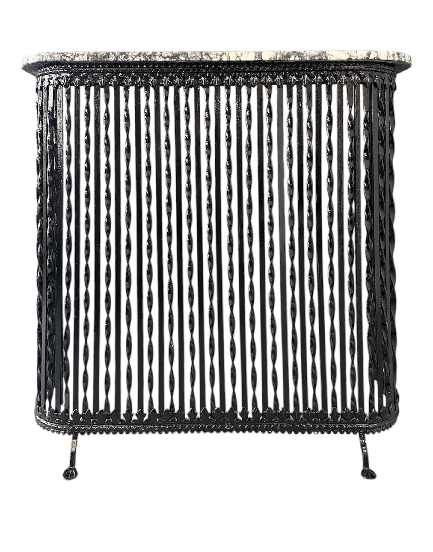 Late 19th-century antique radiator cover with ornate wrought iron design and marble slab top, Victorian style
