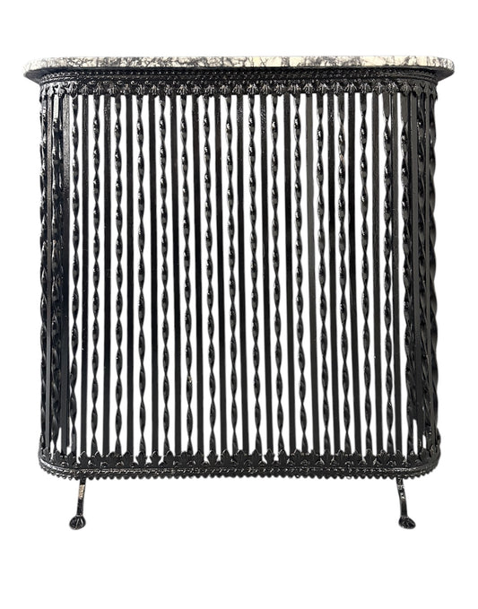 Late 19th-century antique radiator cover with ornate wrought iron design and marble slab top, Victorian style