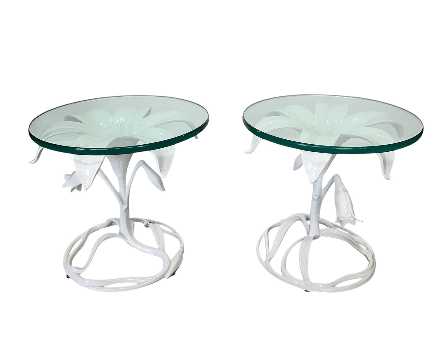 Vintage 1960s Arthur Court style white metal floral side tables with glass tops, mid-century modern design