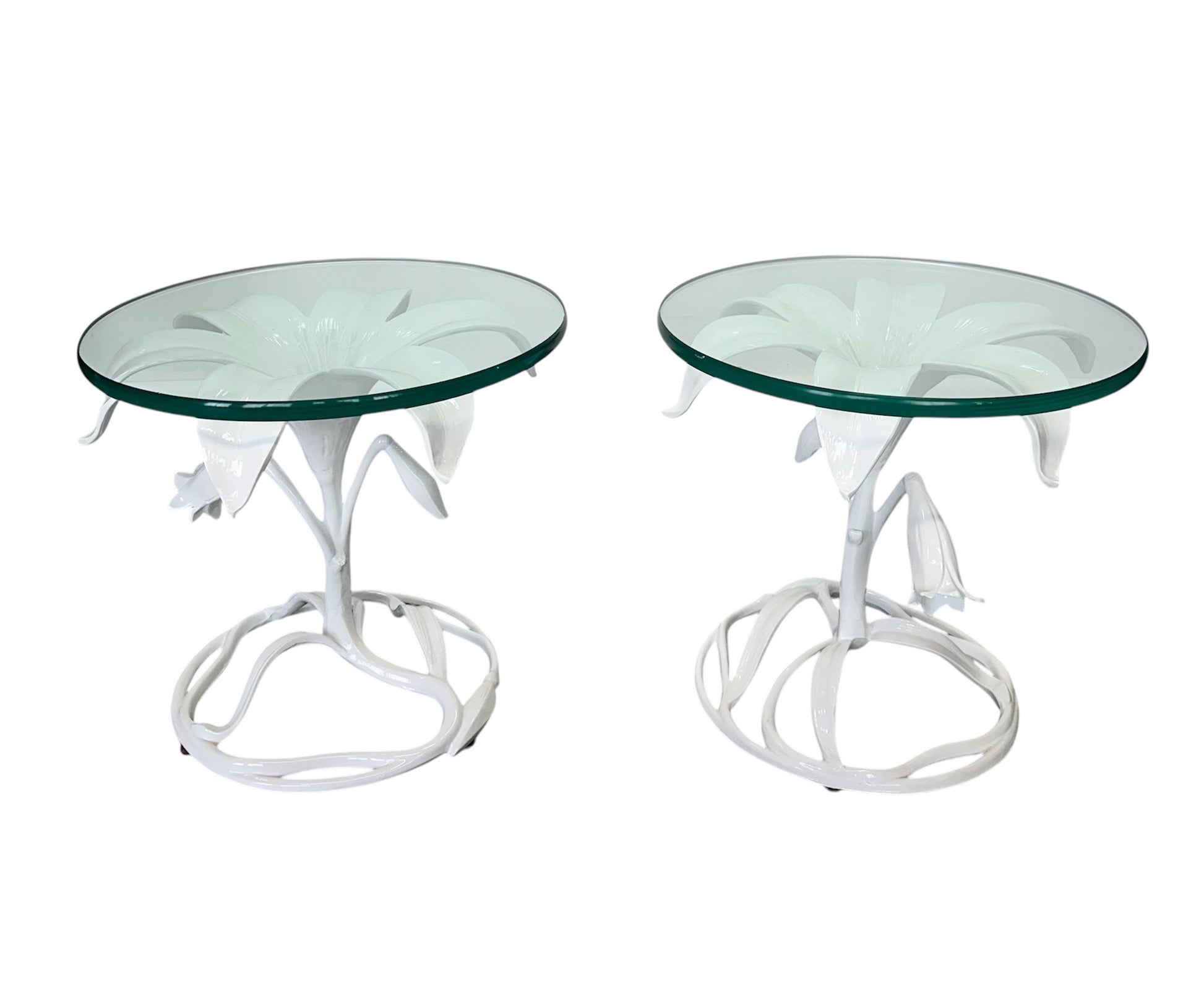 Vintage 1960s Arthur Court style white metal floral side tables with glass tops, mid-century modern design