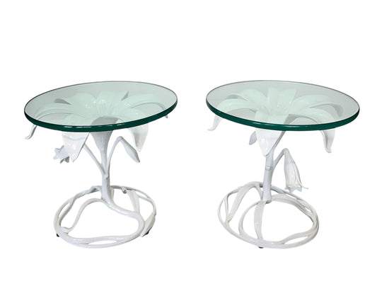 Vintage 1960s Arthur Court style white metal floral side tables with glass tops, mid-century modern design