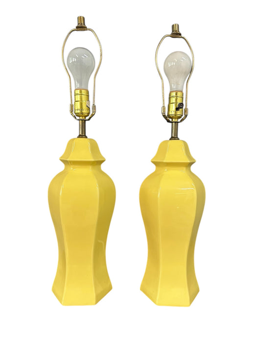 1970s yellow Chinoiserie lamps, Mid-Century modern ceramic lighting pair