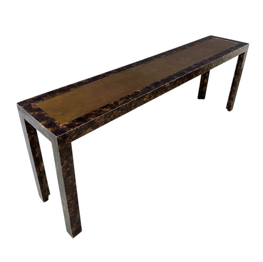 John Widdicomb Faux Tortoise Shell Console Table with Patinated Brass Top