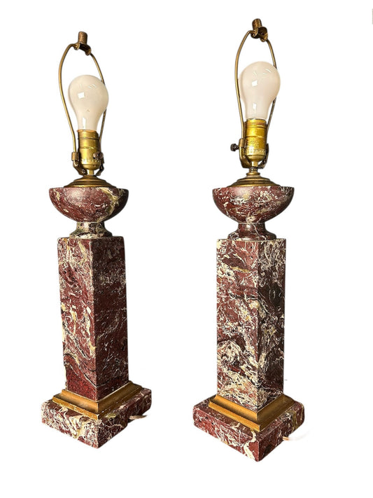 Pair of antique 19th-century French table lamps with Rouge de Rance red marble column bases, brass hardware, neoclassical design—vintage lighting for traditional home décor or luxury interiors