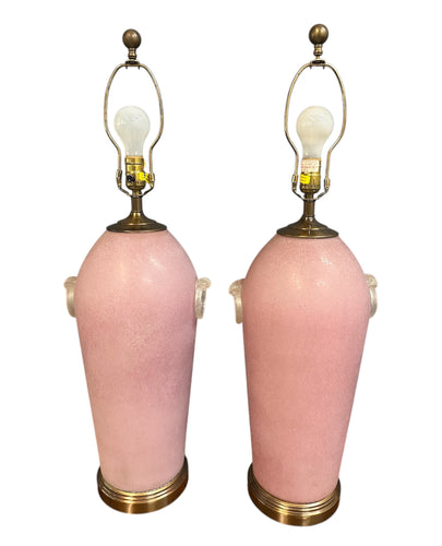 Pair of Hollywood Regency Pink Acid Etched Glass Urn Lamps by Chapman