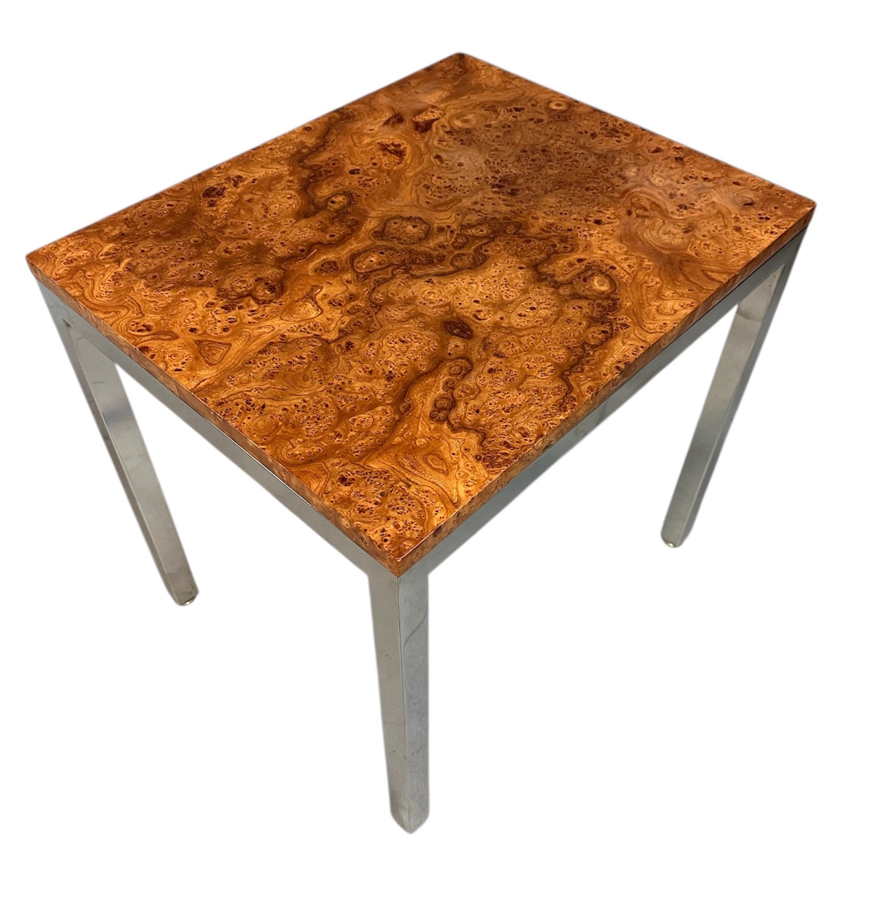 1980s Milo Baughman Chrome and Olivewood Burl Side Table Mid Century