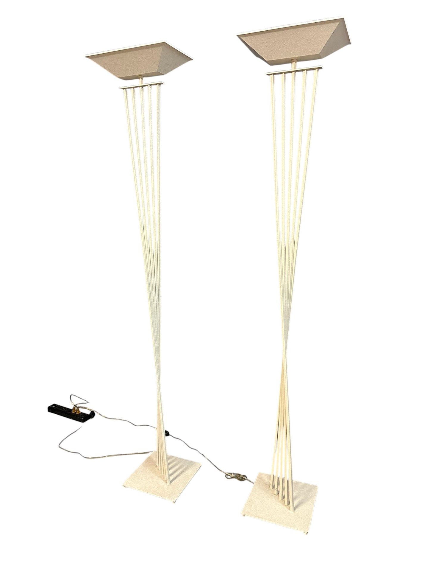 SOLD – Pair of Sculptural Postmodern Kichler Halogen Torchiere Floor Lamps, 1992