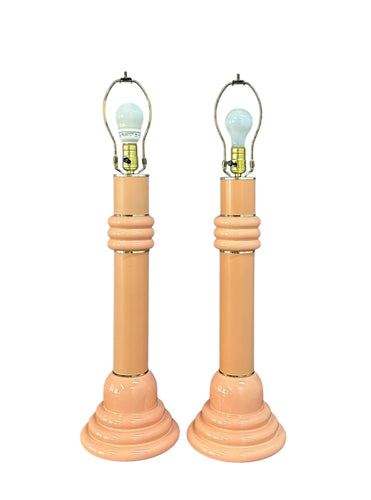 Pair of Post Modern 1980s Peach Ceramic Table Lamps with Brass Trim
