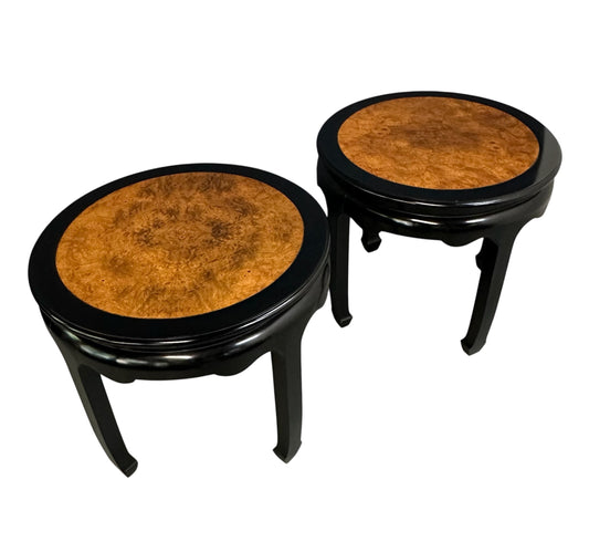 Century Ebonized Pair of Pagoda Side Tables with A Burl Top Chin Hua Collection