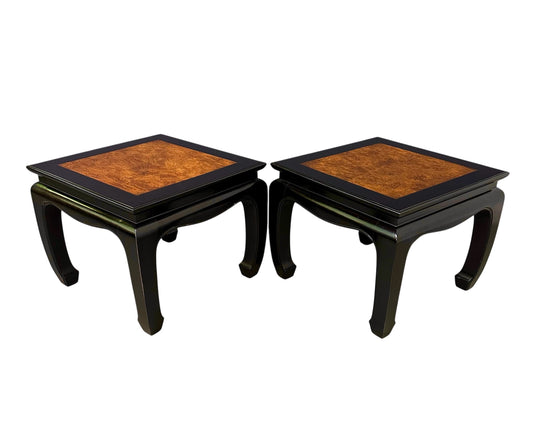 Century Ebonized Pair of Pagoda End Tables with A Burl Top Chin Hua Collection