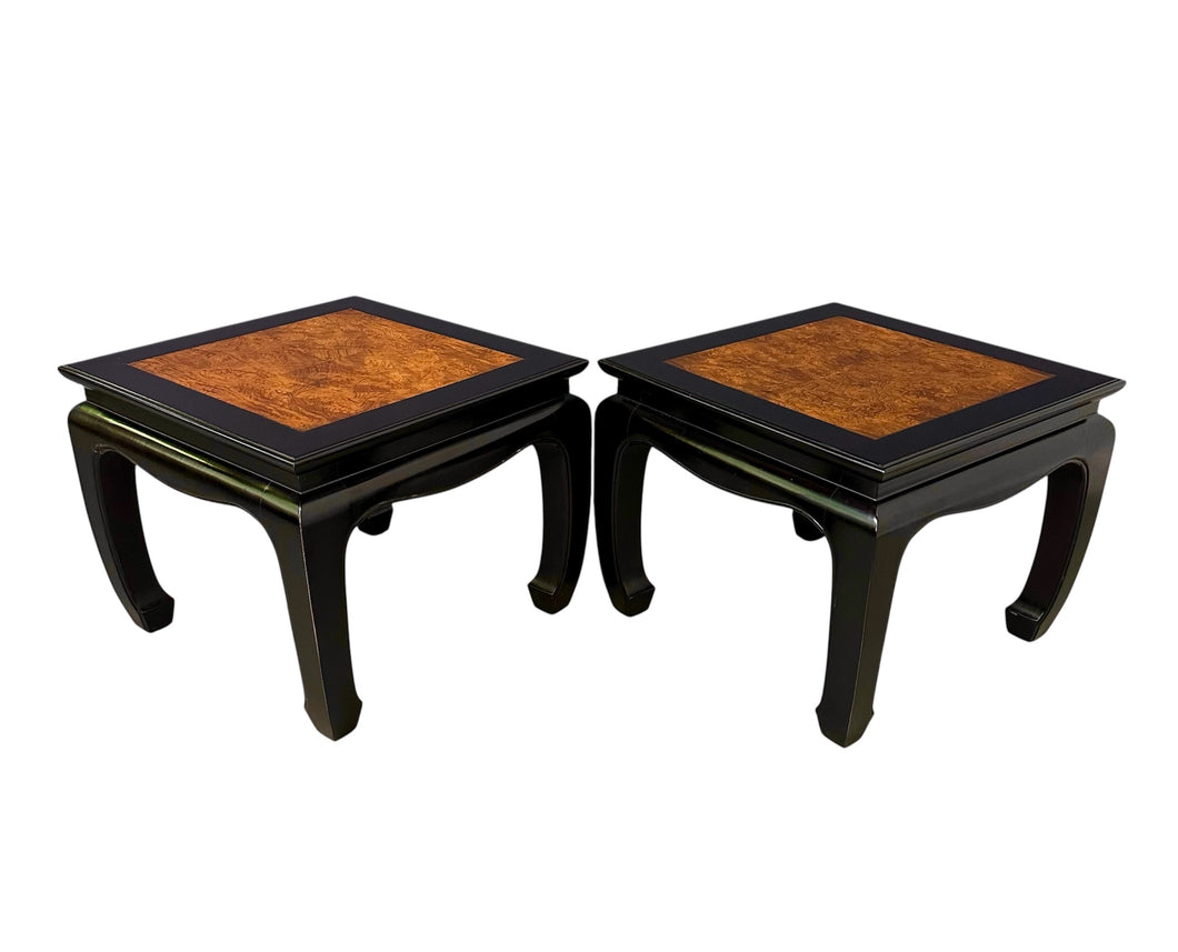 Century Ebonized Pair of Pagoda End Tables with A Burl Top Chin Hua Collection